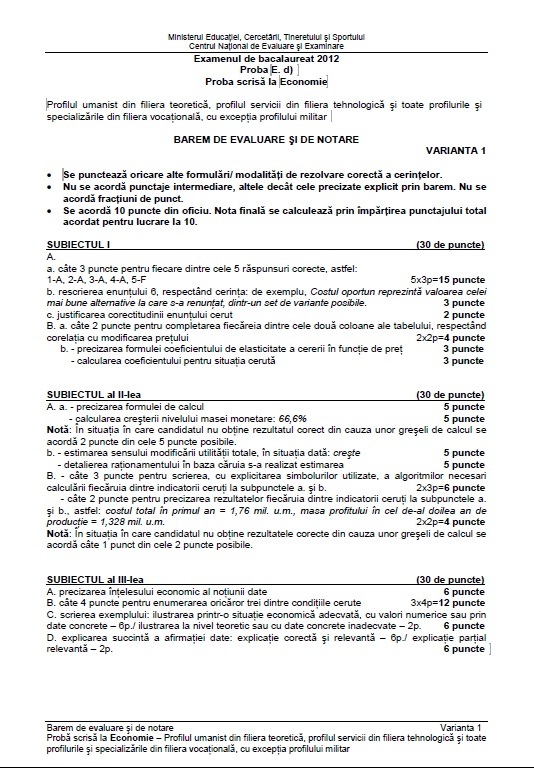 Bacalaureat 2012: Baremele de corectare la economie, conform edu.ro