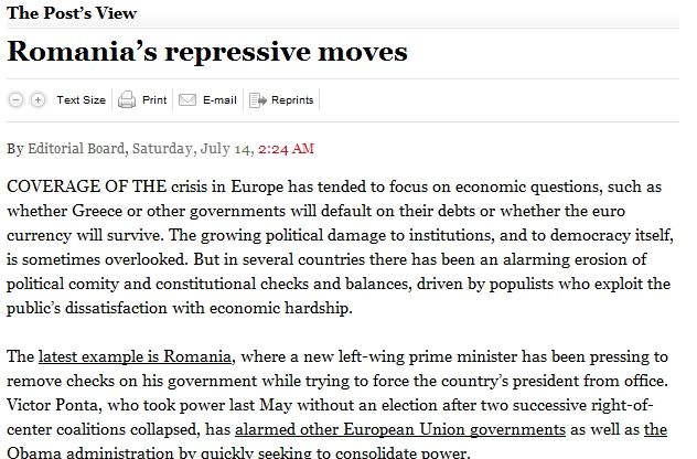 Editorial Washington Post: Romania, un exemplu al erodarii alarmante a consensului politic si echilibrului puterii