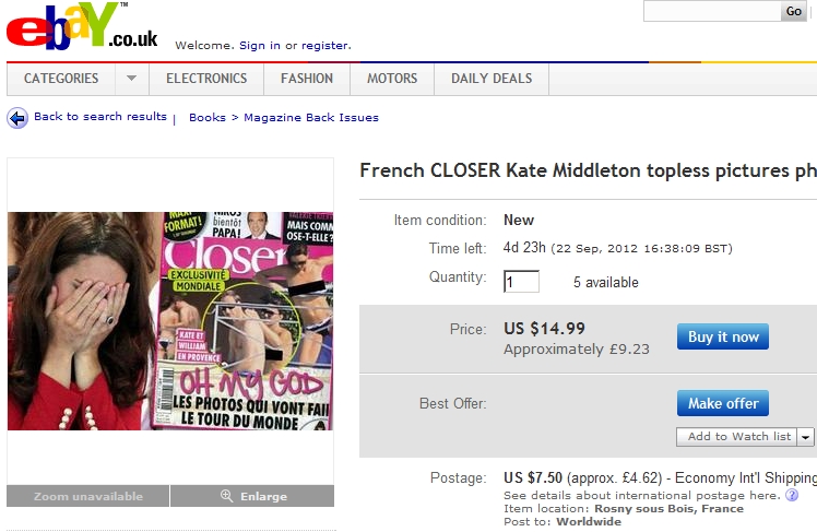 Kate Middleton topless: Revista franceza, de vanzare la suprapret pe eBay