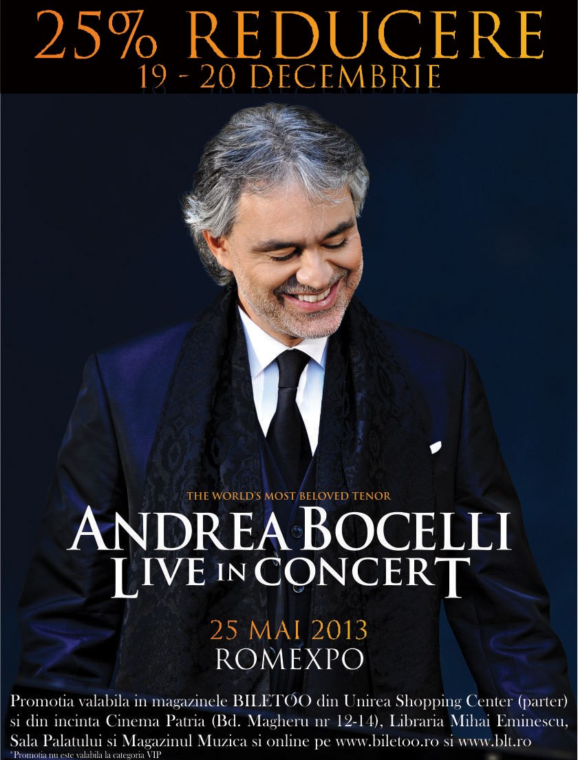 Oferta de Craciun: Reduceri la biletele pentru concertul celebrului Andrea Bocelli – VIDEO