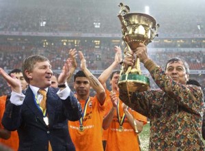 Shakhtar Donetsk - Ziarul National's coach Lucescu and club president Ahmetov celebrate winning the Ukrainian soccer championship during the award ceremony in Donetsk