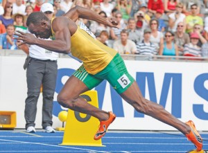 Bolt of Jamaica starts in the men - Ziarul National's 200 metres heats during the world athletics championships at the Olympic stadium in Berlin
