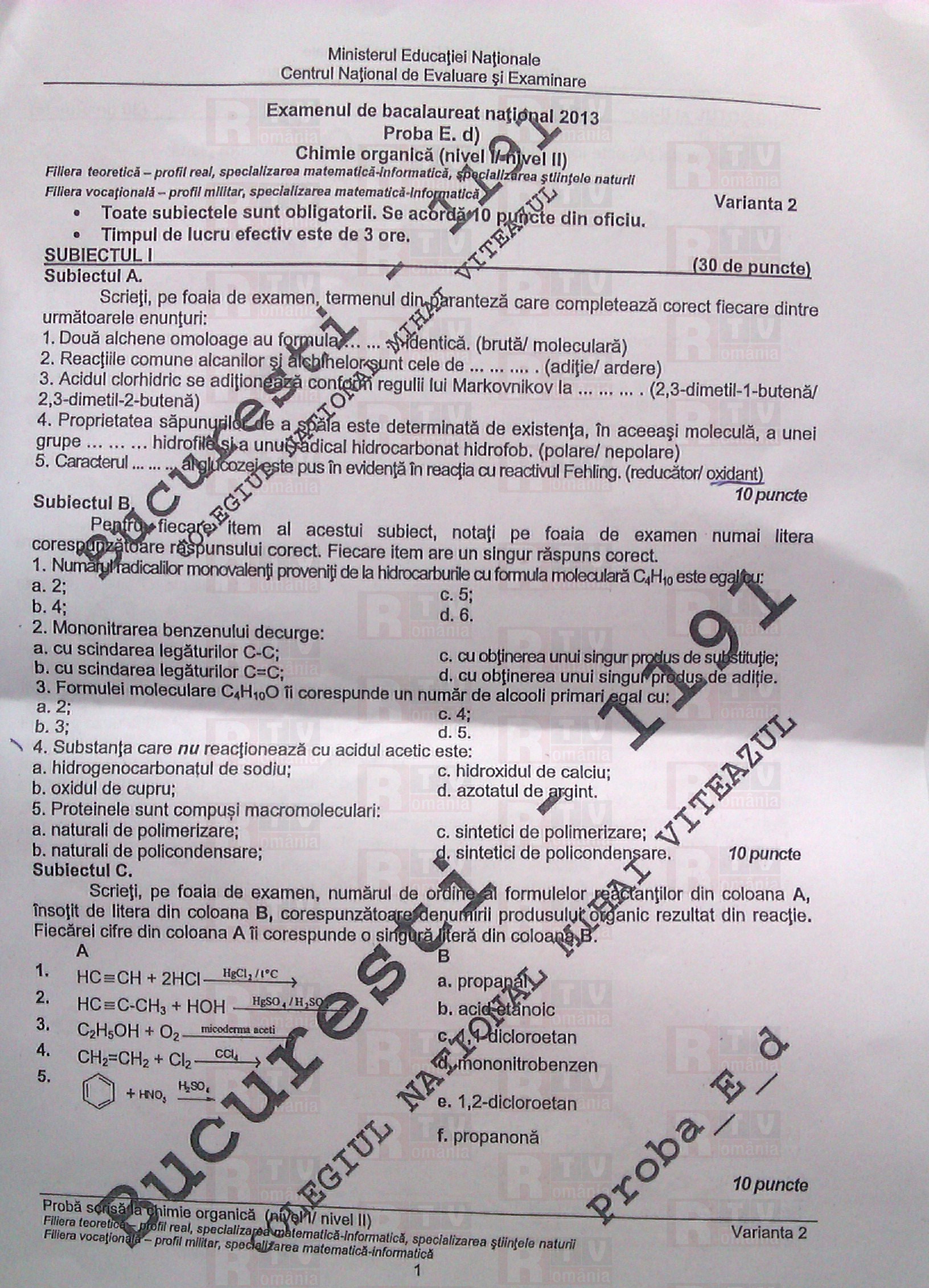BACALAUREAT 2013- proba la alegere. ACESTEA sunt SUBIECTELE la CHIMIE