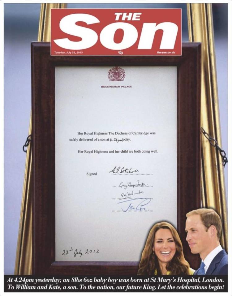 Pentru prima oara in istorie, THE SUN si-a schimbat numele. In cinstea bebelusului regal!