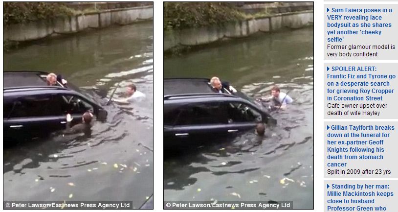 Si-au riscat viata pentru a salva un batran cazut cu masina in apa! (VIDEO)