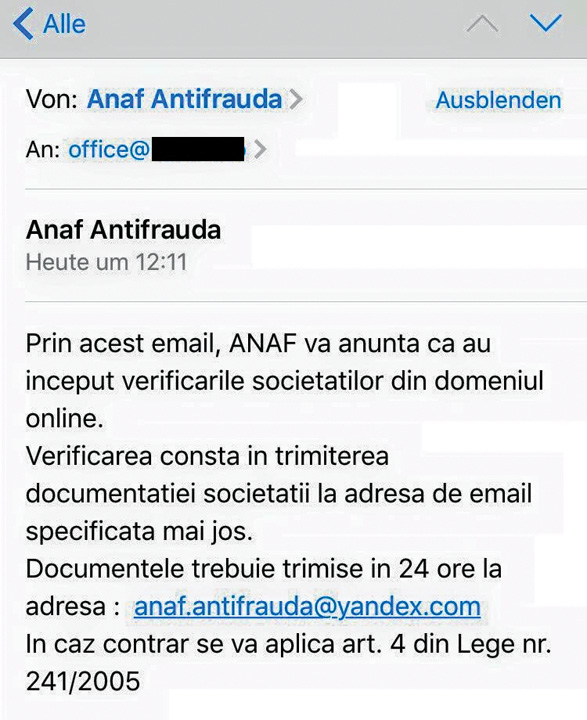 captura frauda phishing email - Ziarul National