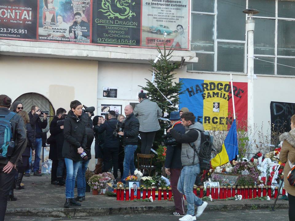 Brad in fata clubului „Colectiv”, in memoria victimelor. Stelute si o panglica cu un mesaj de suflet