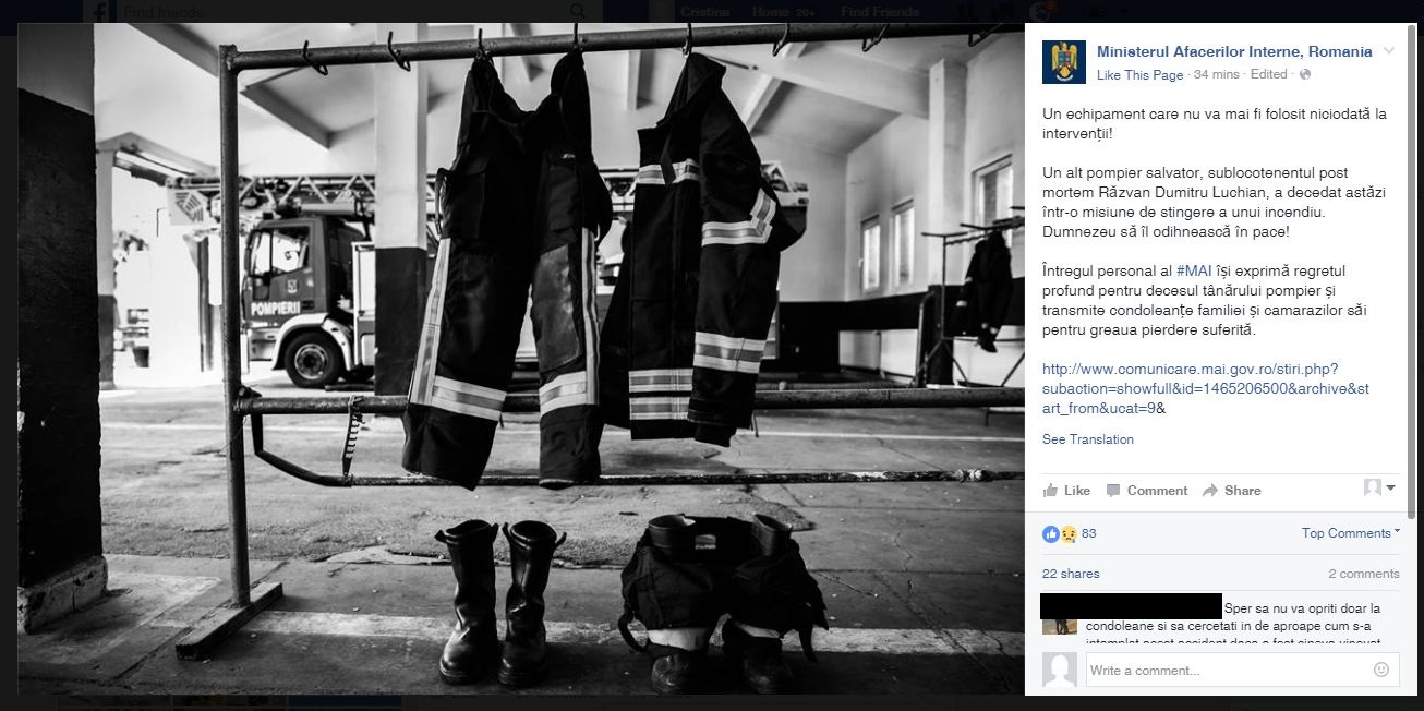 Razvan Dumitru Luchian, pompierul care a pierit in incendiul devastator, avansat post-mortem