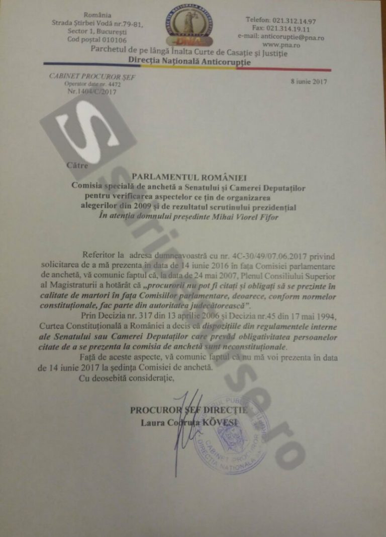Kovesi nu vine la comisia de ancheta