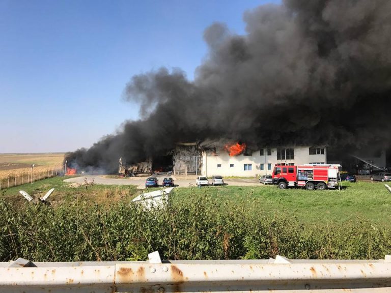 Incendiu cu o degajare masiva de fum, la o hala din Timis