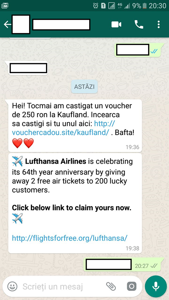 Atentie, romani! Mesaje promotionale false raspandite prin WhatsApp