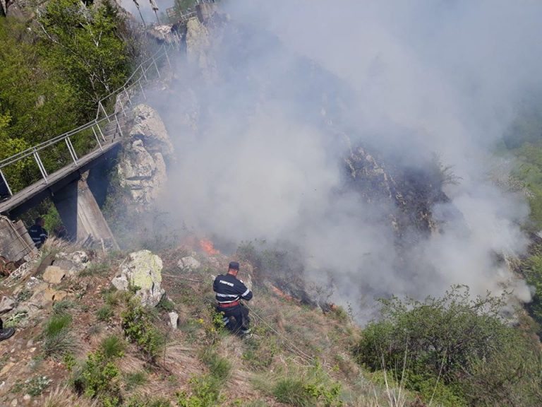 Se fac mari eforturi pentru stingerea incendiului din zona Cetatii Poienari (VIDEO)