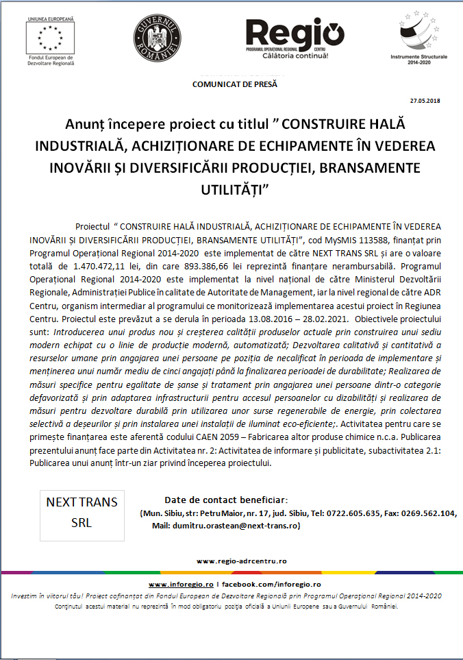 COMUNICAT DE PRESĂ Anunț începere proiect cu titlul ” CONSTRUIRE HALĂ INDUSTRIALĂ, ACHIZIȚIONARE DE ECHIPAMENTE ÎN VEDEREA INOVĂRII ȘI DIVERSIFICĂRII PRODUCȚIEI, BRANSAMENTE UTILITĂȚI”
