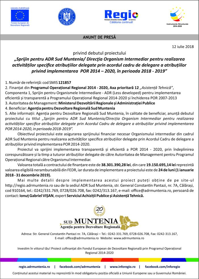 Anunț de presă privind debut proiect ADR Sud Muntenia