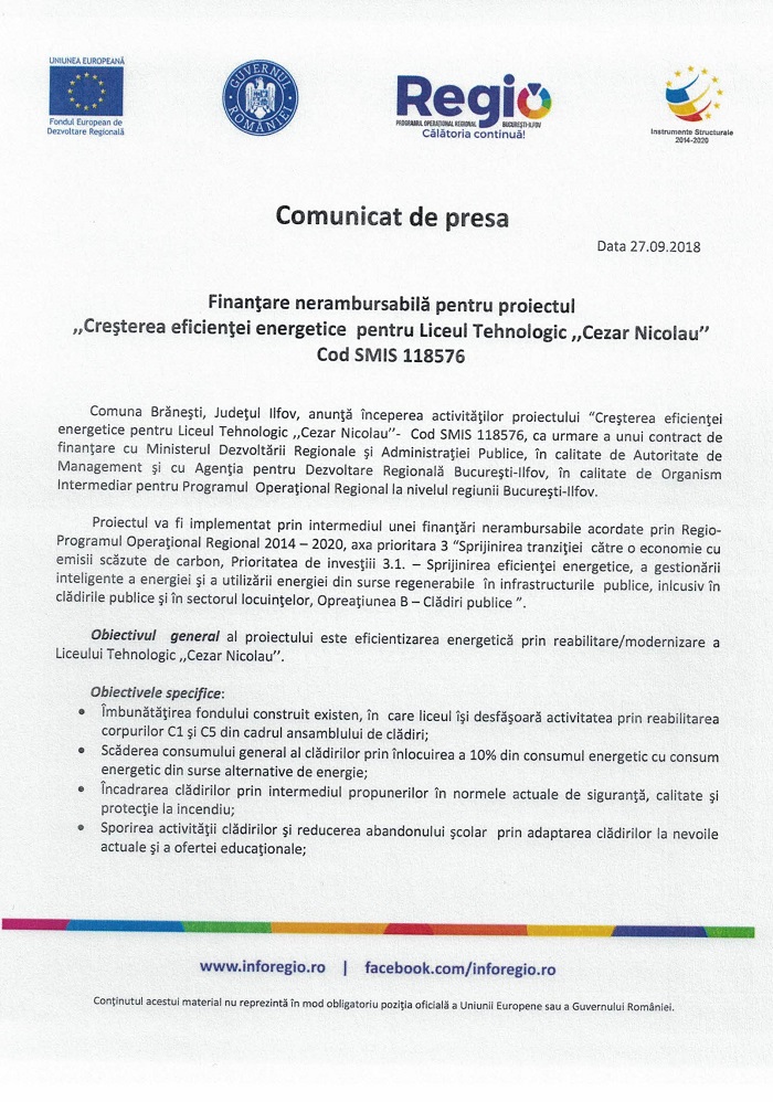 Comunicat de presa Finanțare nerambursabilă pentru proiectul „Creșterea eficienței energetice pentru Liceul Tehnologic „Cezar Nicolau” Cod SMIS 118576