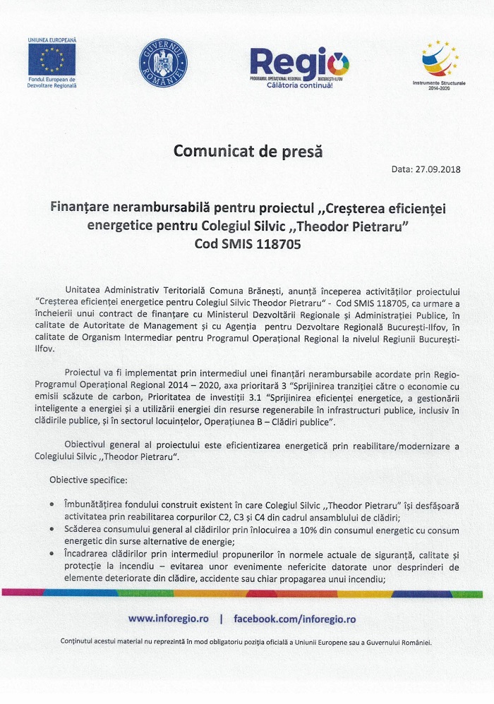 Comunicat de presă Finanțare nerambursabilă pentru proiectul „Creșterea eficienței energetice pentru Colegiul Silvic „Theodor Pietraru” Cod SMIS 118705