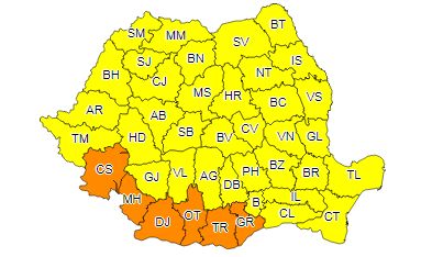 Avertizare meteo pentru intreaga tara. Cod galben si portocaliu