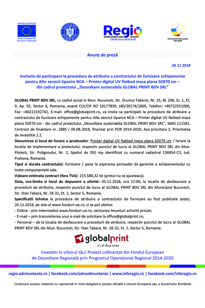 Anunt De Presa Dezvoltare Sustenabila Global Print Bdv Srl