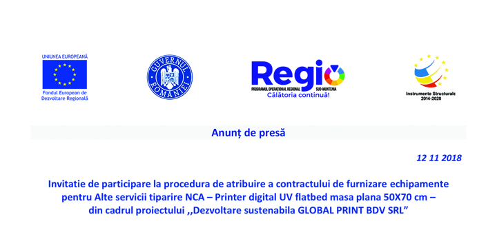 Anunt de presa – “Dezvoltare sustenabila GLOBAL PRINT BDV SRL”
