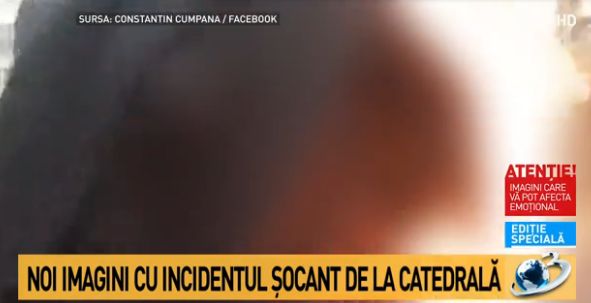 Incident in apropierea Catedralei Neamului: un barbat in straie preotesti si-a dat foc la haina
