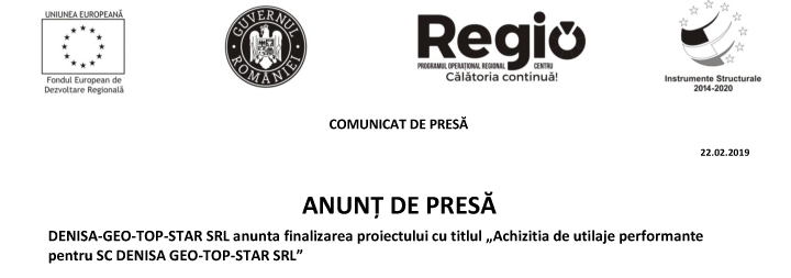 Anunt de presa: Achizitie de utilaje performante pentru SC Denisa Geo-Top-Star SRL