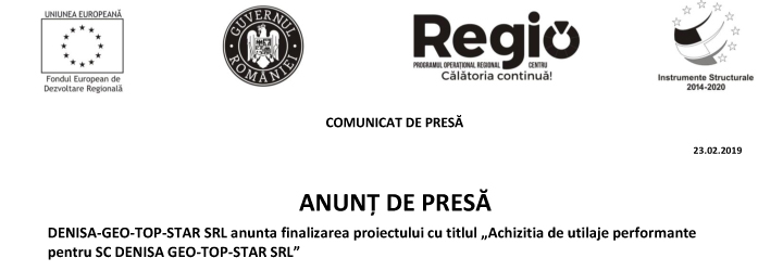 Anunt de presa: Achizitie de utilaje performante pentru SC Denisa Geo-Top-Star SRL