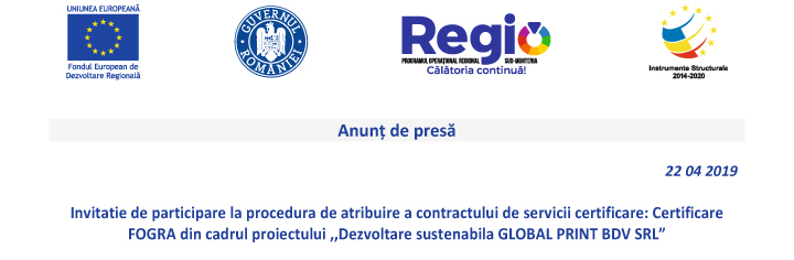 Anunt de presa – “Dezvoltare sustenabila GLOBAL PRINT BDV SRL”