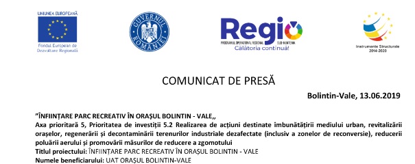 COMUNICAT DE PRESĂ „ÎNFIINŢARE PARC RECREATIV ÎN ORAŞUL BOLINTIN-VALE”