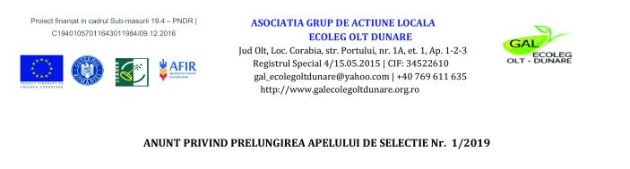 ANUNT PRIVIND PRELUNGIREA APELULUI DE SELECTIE Nr. 1/2019