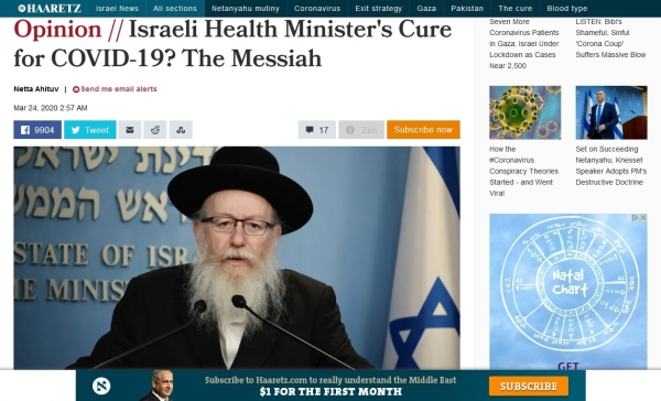 Ministrul Sănătății din Israel: Mesia vine pe Pământ și ne vindecă de coronavirus!