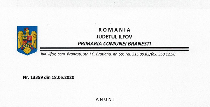 Anunt de presa – Primaria Comunei Branesti