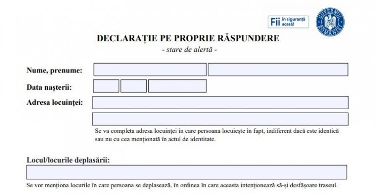 Cum arată declarația pe proprie răspundere pentru perioada stării de alertă. În ce condiții e permisă ieșirea din localitate