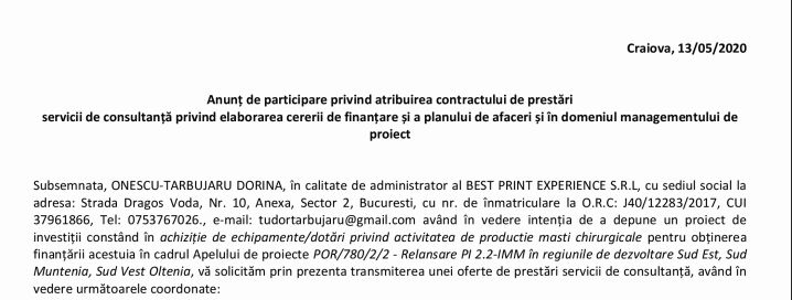 Anunț de participare privind atribuirea contractului de prestări servicii de consultanță privind elaborarea cererii de finanțare și a planului de afaceri și în domeniul managementului de proiect