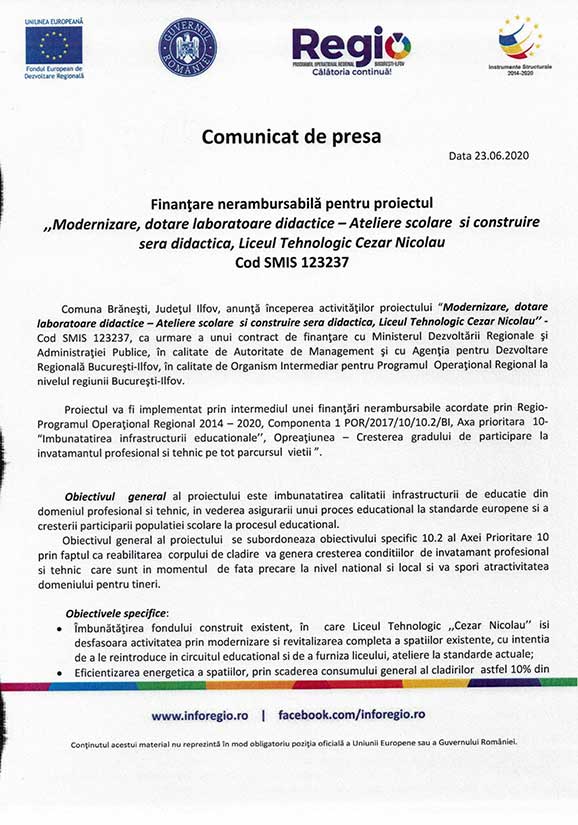 Comunicat de presa – Finantare nerambursabila pentru proiectul „Modernizare, dotare laboratoare didactice – Ateliere scolare si construire sera didactica, Liceul Tehnologic Cezar Nicolau