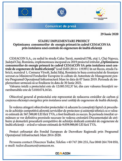 Comunicat de presa – STADIU IMPLEMENTARE PROIECT – Optimizarea consumurilor de energie primara in cadrul CEMACON SA prin instalarea unei centrale de cogenerare de inalta eficienta