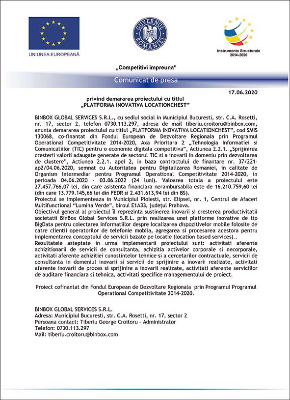 Comunicat de presa privind demararea proiectului cu titlul „PLATFORMA INOVATIVA LOCATIONCHEST”