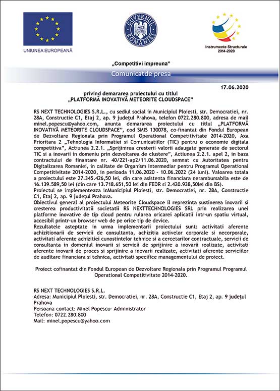 Comunicat de presa privind demararea proiectului cu titlul „PLATFORMA INOVATIVA METEORITE CLOUDSPACE”