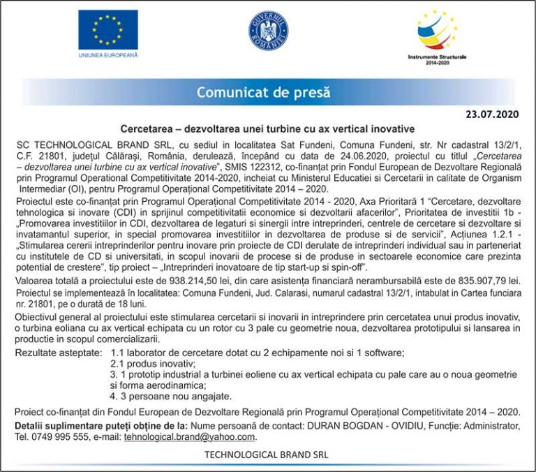 SC TECHNOLOGICAL BRAND SRL – Cercetarea – dezvoltarea unei turbine cu ax vertical inovative