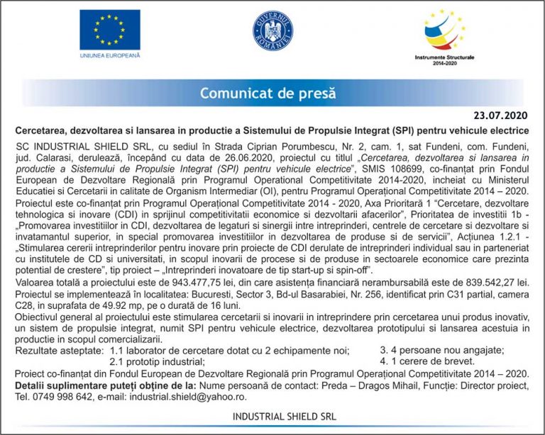 SC INDUSTRIAL SHIELD SRL – Cercetarea, dezvoltarea si lansarea in productie a Sistemului de Propulsie Integrat (SPI) pentru vehicule electrice