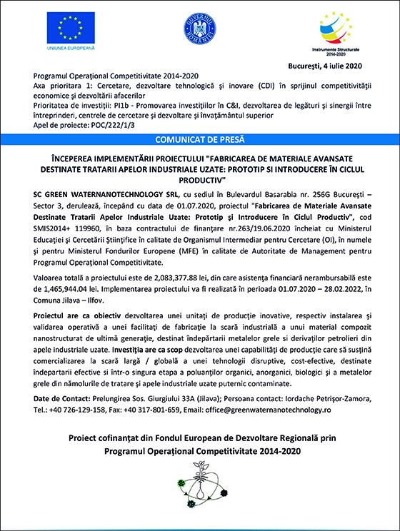 ÎNCEPEREA IMPLEMENTĂRII PROIECTULUI „FABRICAREA DE MATERIALE AVANSATE DESTINATE TRATARII APELOR INDUSTRIALE UZATE: PROTOTIP SI INTRODUCERE ÎN CICLUL PRODUCTIV”