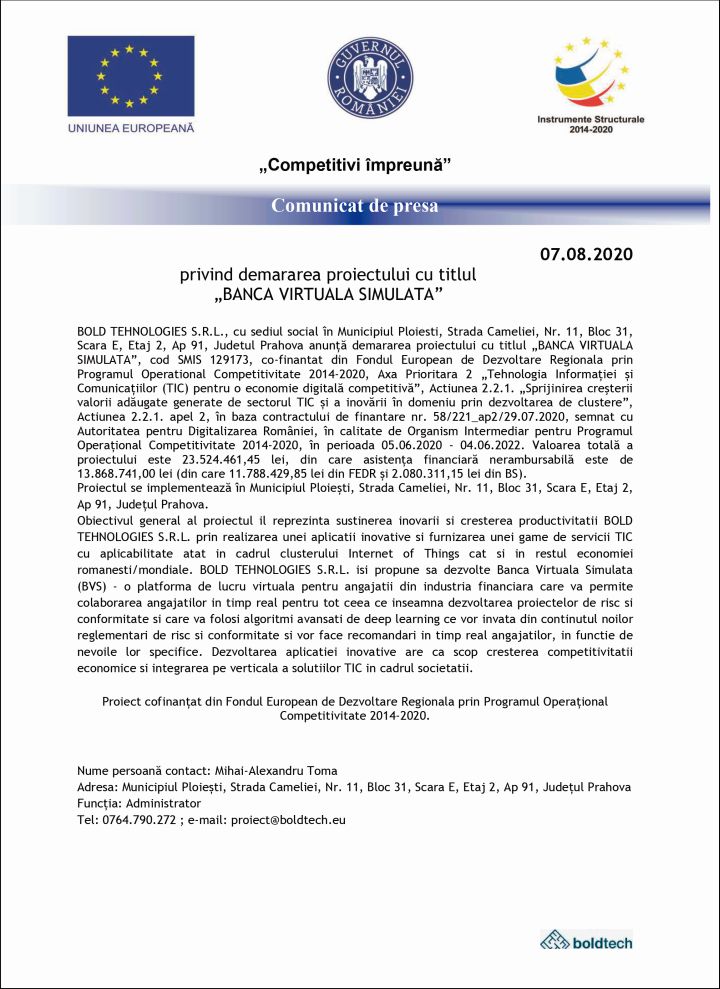Comunicat de presă privind demararea proiectului cu titlul „Banca Virtuală Simulată”