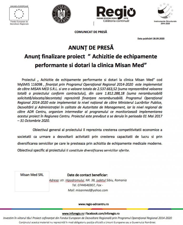 Anunt de presa – Anunt finalizare proiect „Achizitie de echipamente performante si dotari la clinica Misan Med”