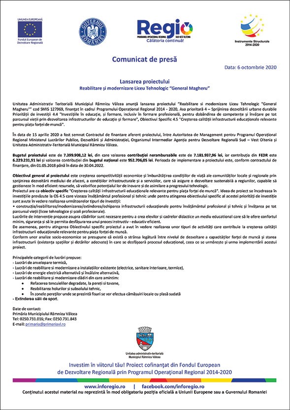 Comunicat de presă lansarea proiectului Reabilitare și modernizare Liceu Tehnologic “General Magheru”