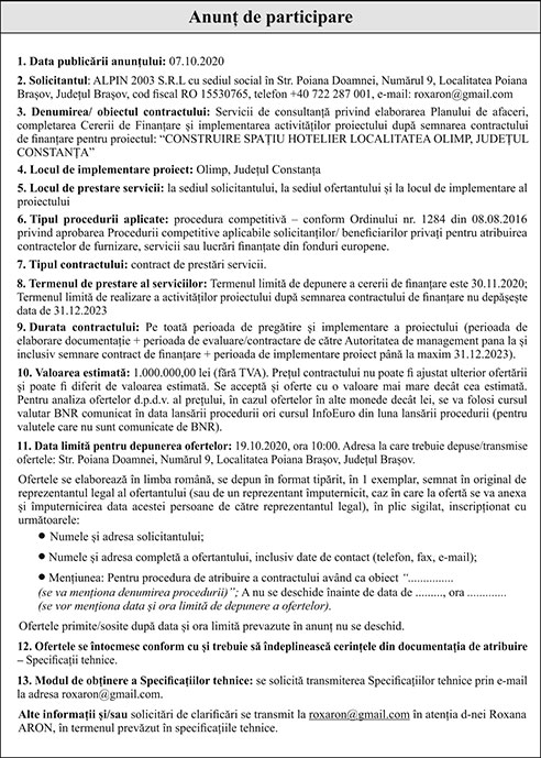 ALPIN 2003 S.R.L pentru proiectul: “CONSTRUIRE SPAȚIU HOTELIER LOCALITATEA OLIMP, JUDEȚUL CONSTANȚA”