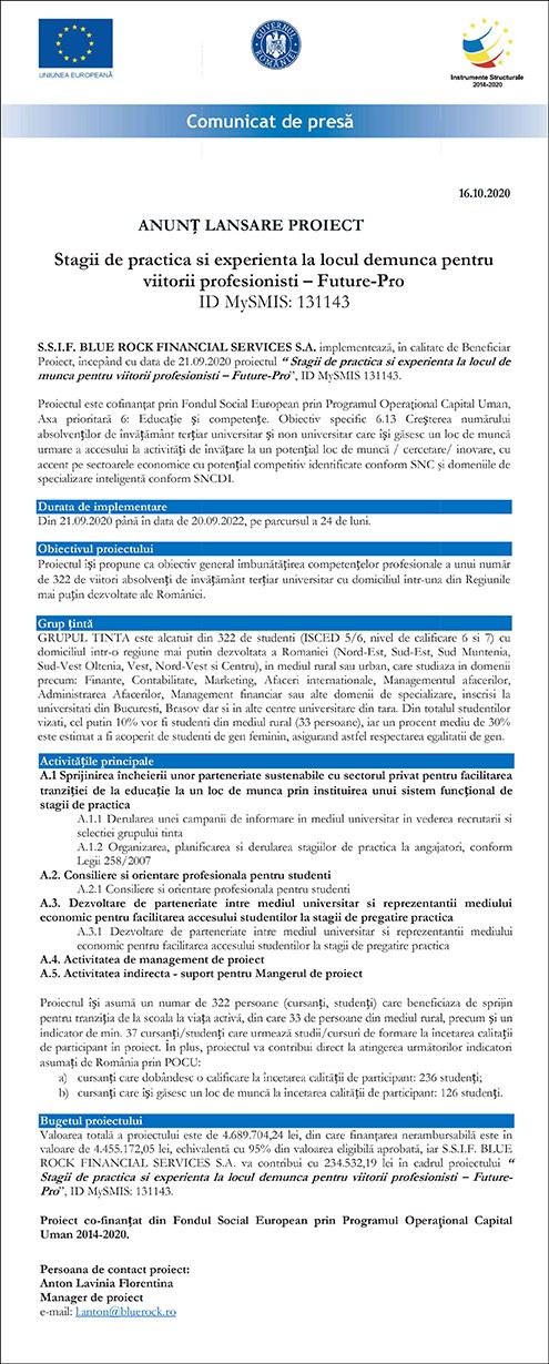 ANUNȚ LANSARE PROIECT – Stagii de practica si experienta la locul demunca pentru viitorii profesionisti – Future-Pro, ID MySMIS: 131143