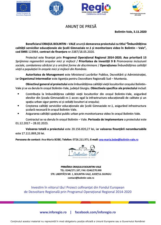 ANUNȚ DE PRESĂ pentru demararea proiectului cu titlul “Îmbunătățirea calității serviciilor educaționale ale Școlii Gimnaziale nr.1 și monitorizare video în Bolintin – Vale”