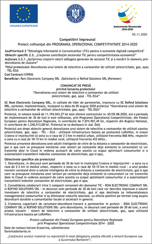 COMUNICAT DE PRESĂ privind lansarea proiectului “Dezvoltarea unui sistem de telecitire a contoarelor de utilitati (electricitate, gaz, apa) – TEL-EGA”