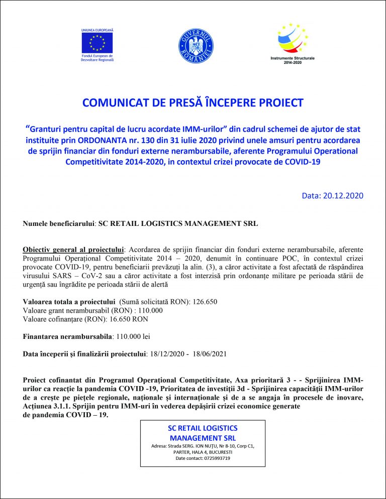 COMUNICAT DE PRESĂ ȊNCEPERE PROIECT SC RETAIL LOGISTICS MANAGEMENT SRL