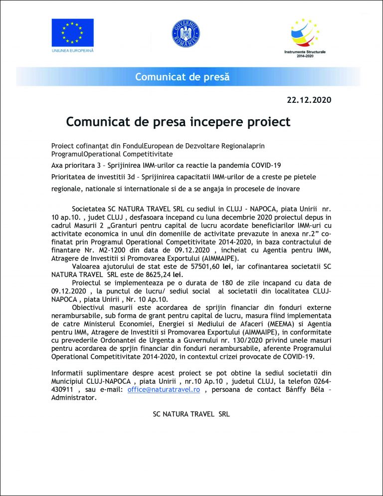 Comunicat de presa incepere proiect SC NATURA TRAVEL SRL