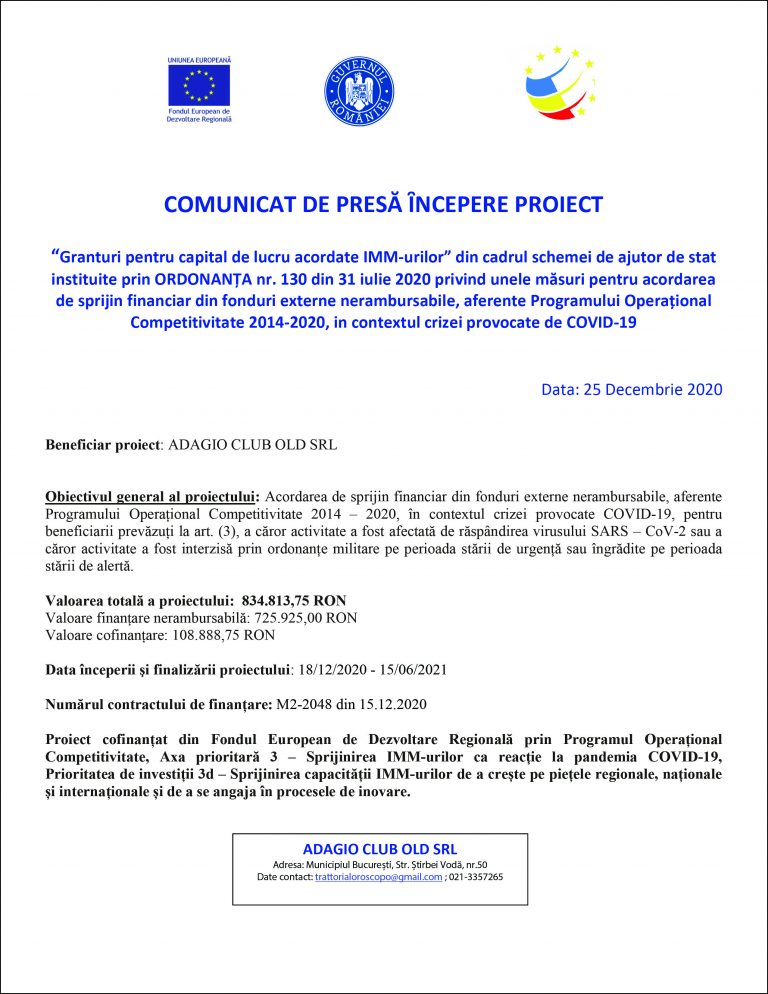 Comunicat de presă începere proiect Adagio Club Old SRL